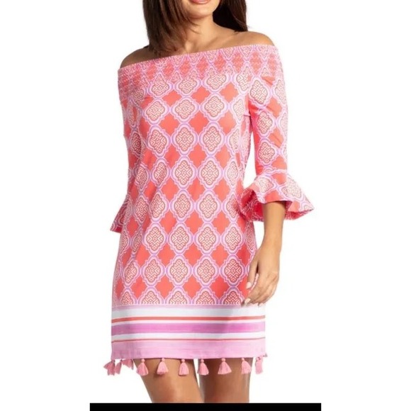 Cabana Life Dresses & Skirts - Coral Geo Off The Shoulder Dress